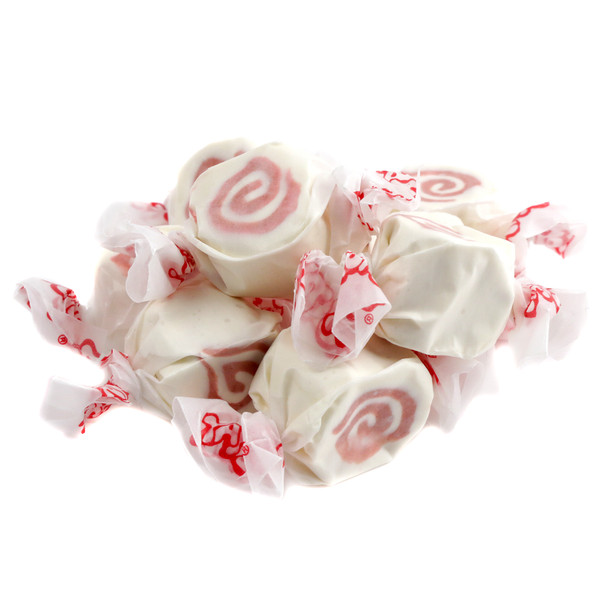 Taffy Town Red Velvet Cake Salt Water Taffy, vibrant red with white cream cheese swirls, approx 65 pieces per pound.