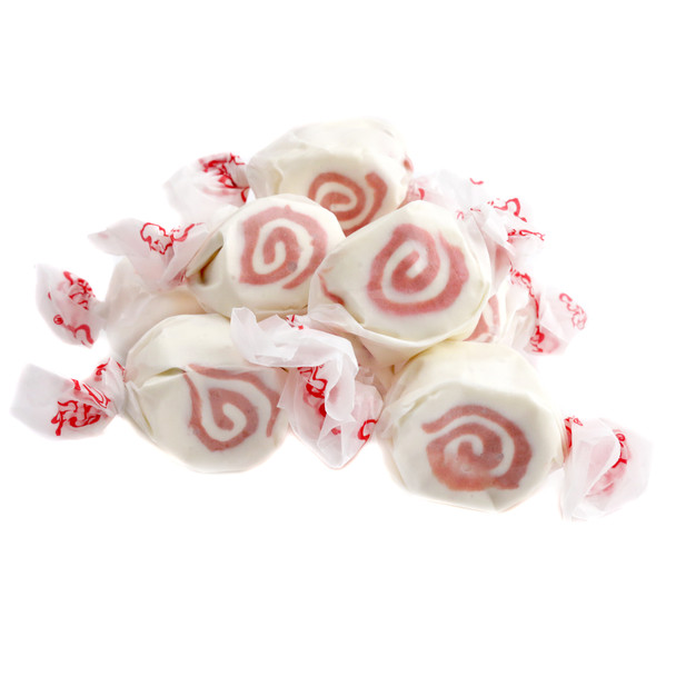 Taffy Town Red Velvet Cake Salt Water Taffy, approximately 65 red and cream pieces per pound.