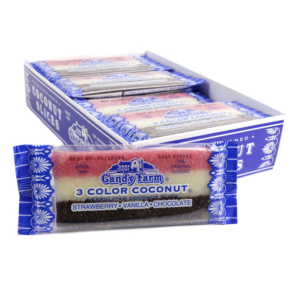 24 creamy, dye-free Neapolitan Coconut Candy Bars. Chocolate, strawberry, vanilla. Brown, pink, white.