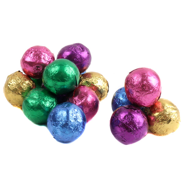 Madelaine Assorted Dark Chocolate Balls, green, blue, gold, purple, pink foil-wrapped premium dark chocolate candy.