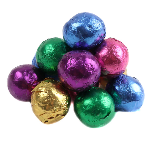 Madelaine Assorted Dark Chocolate Balls, colorful foil-wrapped in green, blue, gold, purple, pink.