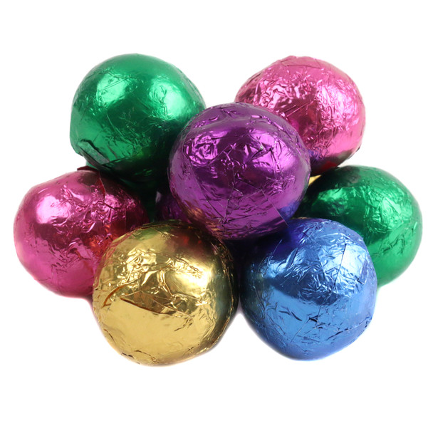 Madelaine Assorted Dark Chocolate Balls, premium foil-wrapped in green, blue, gold, purple, pink.
