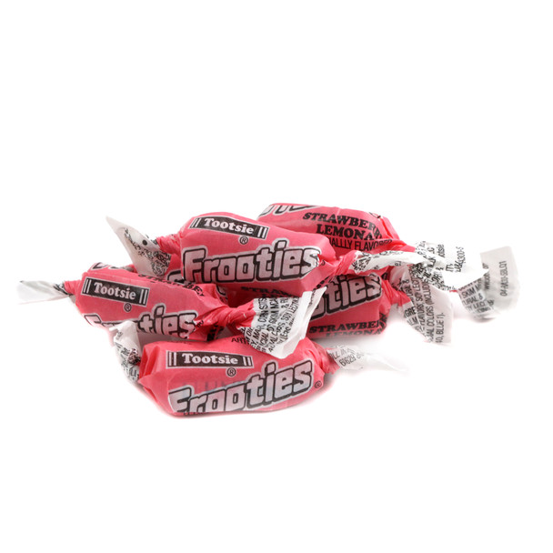 Strawberry Lemonade Frooties, chewy candy by Tootsie Roll. Bright pink wrappers, approx. 140 pieces per pound.