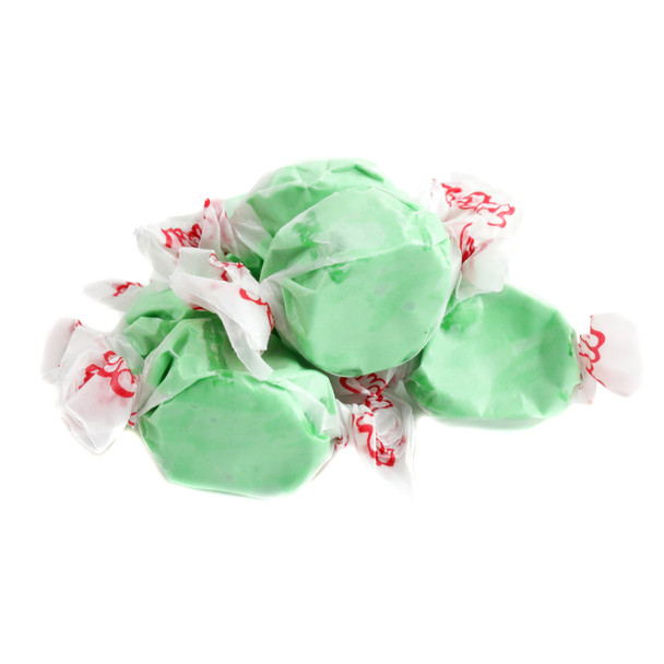 Vibrant green apple salt water taffy pieces, approximately 65 per pound.