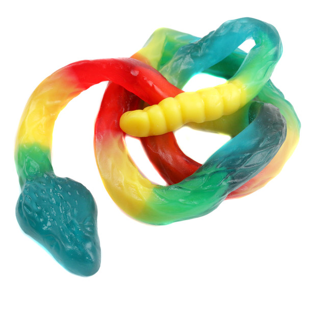 Albanese Giant Gummy Snakes, 27-inch, multicolored blue-yellow-green, red-yellow-orange, green-yellow.