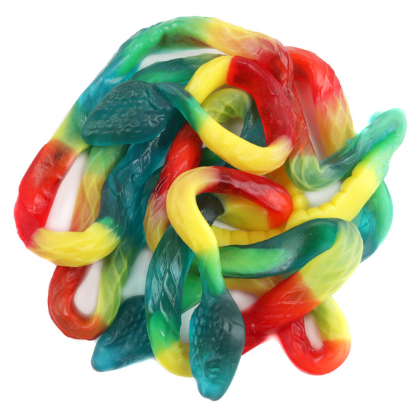 Albanese Giant Gummy Snakes, 27 inches each. Multicolored blue-yellow-green, red-yellow-orange, green-yellow.
