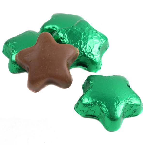 Bright green foil wrapped Madelaine milk chocolate stars, 1.5 inch, approx 45 per pound, for St. Patrick's Day.