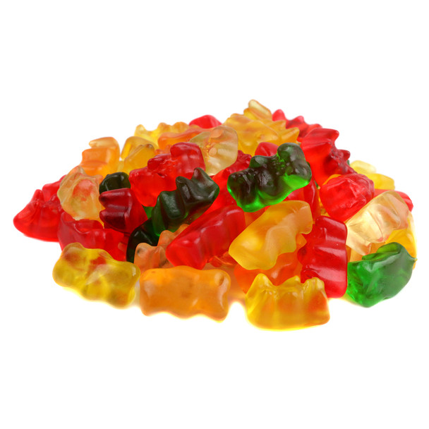 Haribo Gummy Bears, colorful, bright, mix of red, yellow, orange chewy fruit flavored gummy bears, approx 185 per pound.