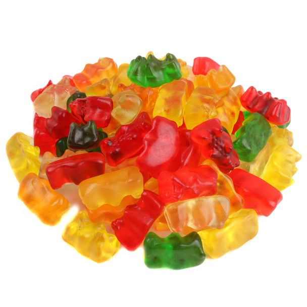 Classic Haribo Gummy Bears. Bright, colorful, chewy bear-shaped candies in lemon, orange, pineapple, raspberry, strawberry.