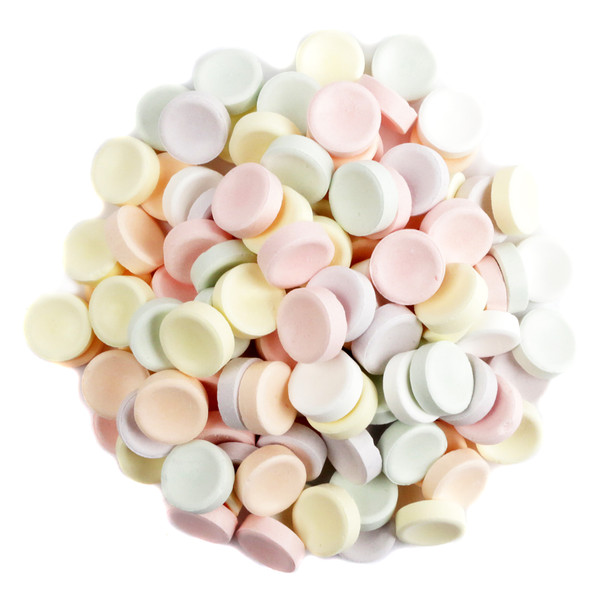 Unwrapped bulk Smarties candy, rainbow colors, tart and sweet, approximately 900 per pound, for candy buffets.