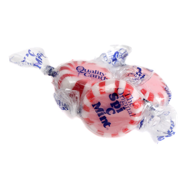 Bold red, individually wrapped Spi-C Cinnamon Mints, approximately 90 per pound, with cinnamon and peppermint flavors.