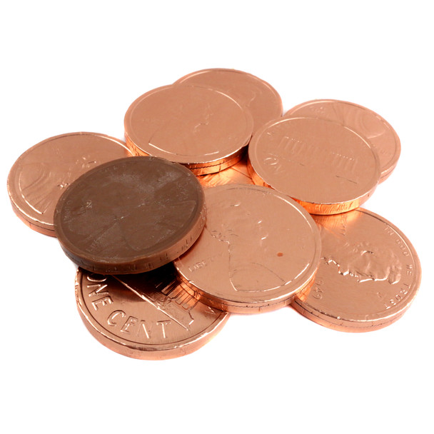 Individually wrapped solid milk chocolate pennies, 1.5 inches, shiny copper foil, stamped like real coins, approx 70 per lb.