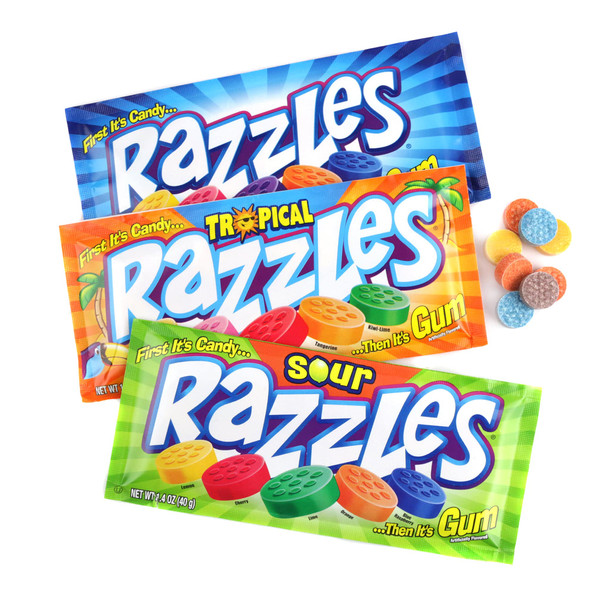 Razzles Assorted 24 pack, 8 Original, 8 Sour, 8 Tropical colorful candy and gum packs.