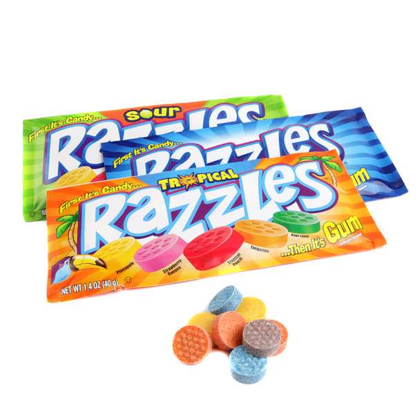Razzles Assorted 24 pack, 8 Original, 8 Sour, 8 Tropical, 1.4oz. Rainbow candy and gum.