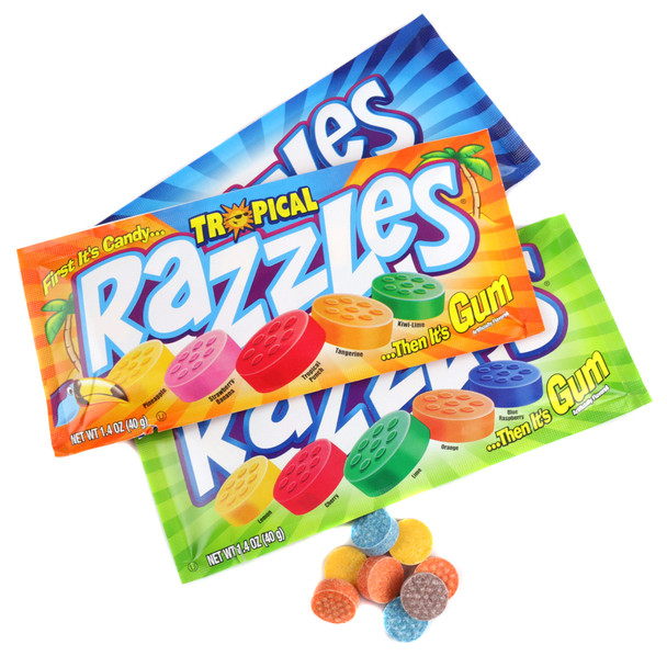 Rainbow Razzles Assorted 24 pack. Original, Sour, Tropical candy that turns into gum.