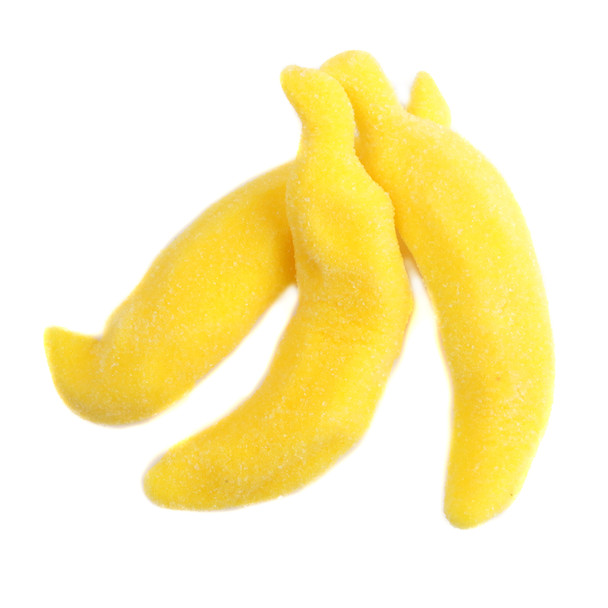 Extra large yellow gummy bananas, 5 inches long, soft, sweet banana flavor, approx 13 per pound.
