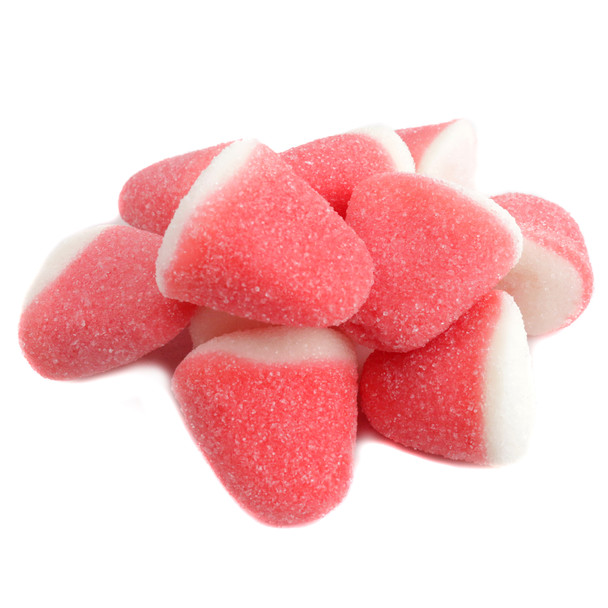 Pink Strawberry Gummy Drops, bulk unwrapped candy, approximately 80 pieces per pound.
