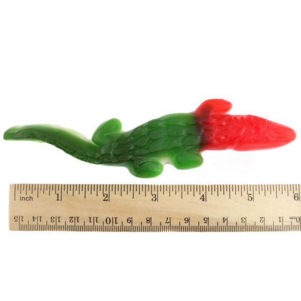 Vidal Gummy Crocodiles, vibrant green, 5-inch long, assorted fruit flavored, with white bellies.