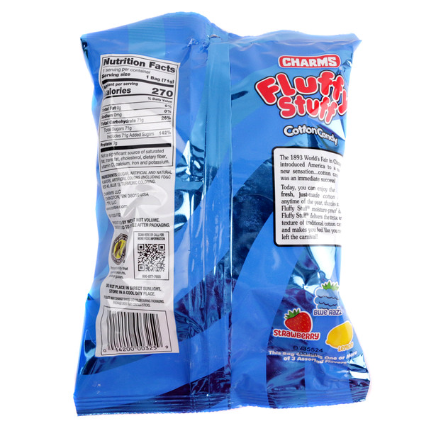 Fluffy Stuff Cotton Candy 6 Pack, vibrant blue fluffy bags, 2.5 oz each, nostalgic sweet treat.