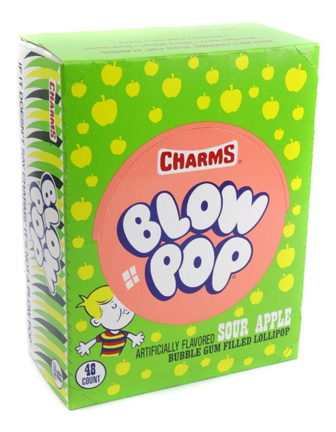 Green sour apple lollipops with pink bubble gum centers, 48 individually wrapped Blow Pops.