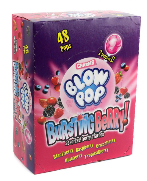 Vibrant pink Bursting Berry Blow Pops, 48 individually wrapped lollipops with strawberry hard candy & bubble gum.