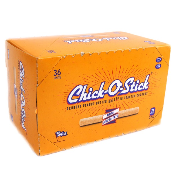 Atkinson Chick O Stick, 36 count box. Golden, crunchy peanut candy coated with toasted coconut. Retro, USA made.