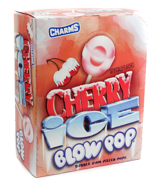 48 Cherry Ice Blow Pops, vibrant red lollipops with cool icy white candy shell and bubble gum center.