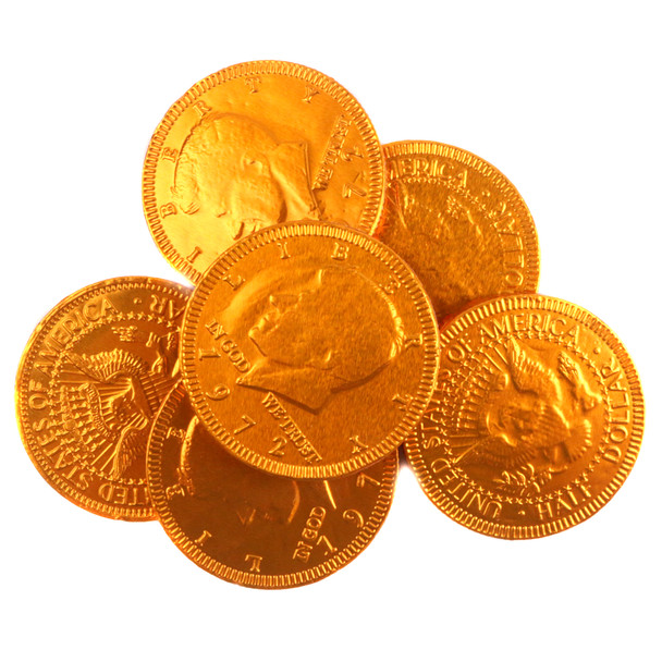 Bright orange foil-wrapped milk chocolate coins, approximately 80 per pound, with a US half dollar design.