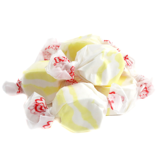 Light yellow Buttered Popcorn Salt Water Taffy, approximately 65 creamy pieces per pound, gluten-free.
