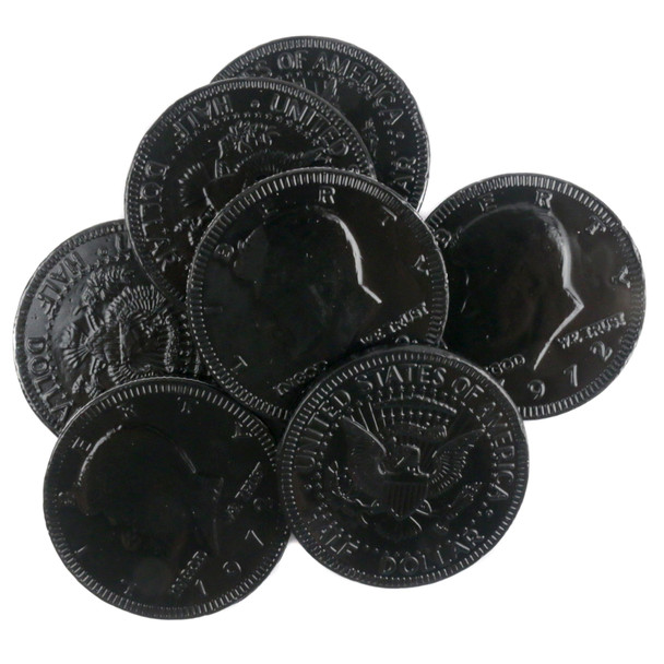 Fort Knox Black Chocolate Coins, premium milk chocolate, black foil, US half dollar design, 1.5 inch, approx 80 per pound.