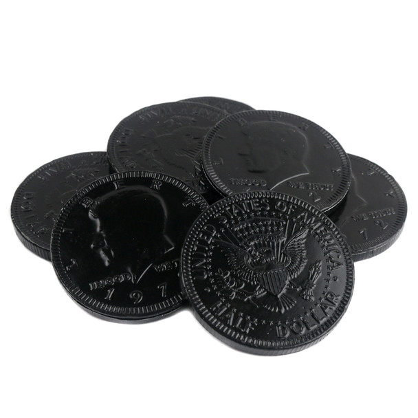 Fort Knox Black Chocolate Coins, 1.5-inch milk chocolate, black foil, US half dollar design, 80 per pound.