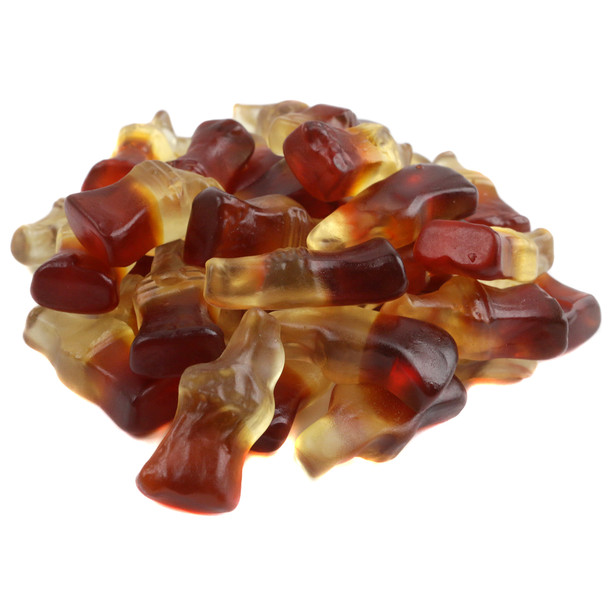 Haribo Gummy Cola Bottles, realistic brown 1-inch soda pop candies, approximately 120 per pound.