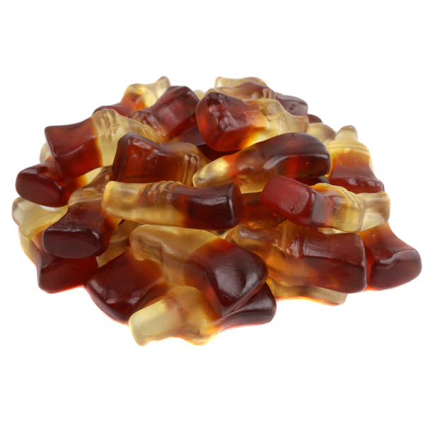 Haribo Gummy Cola Bottles, realistic brown soda pop candy, approximately 1 inch long, 120 pieces per pound.