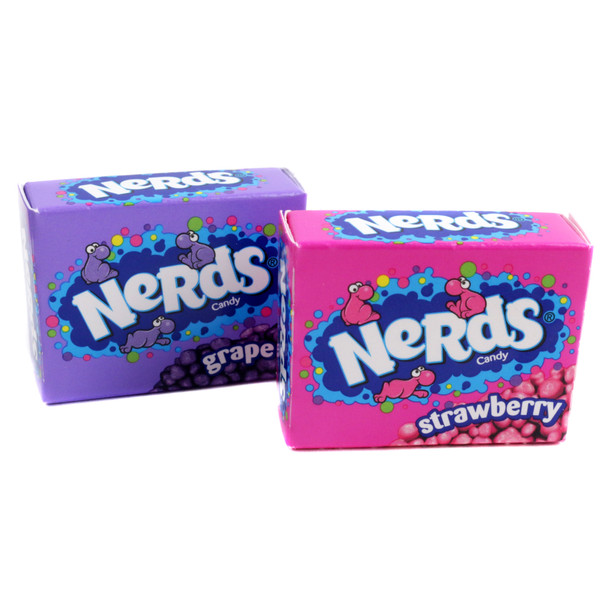 Nerds Strawberry and Grape mini boxes, pink and purple tangy crunchy candy, approx 27 boxes per pound.