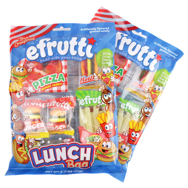 Colorful assorted gummy candy lunch bag, with realistic burgers, hot dogs, fries, pizza, and cola bottles.