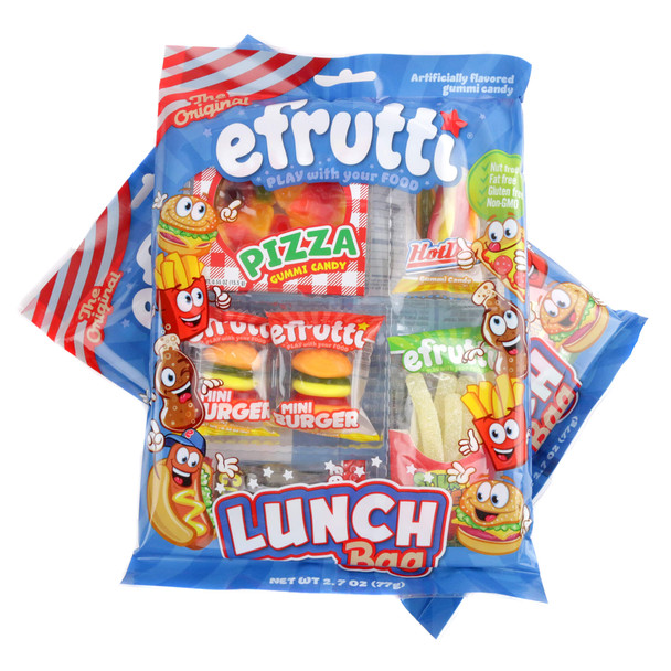 Assorted Gummy Lunch Bag with realistic candy burgers, hot dogs, fries, pizza, and cola bottles.