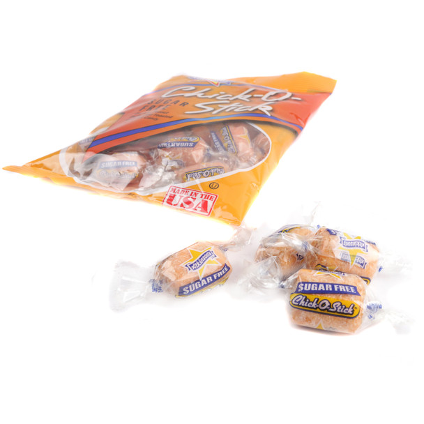 Chick-O-Stick Sugar Free 3.75oz bag, crunchy light brown peanut butter candies, toasted coconut.