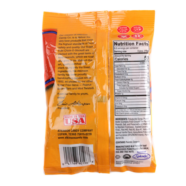Chick-O-Stick Sugar Free 3.75oz bag, orange-brown crunchy peanut butter candy, toasted coconut coating.
