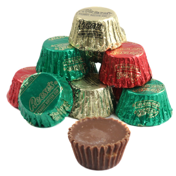 Christmas Reese's Peanut Butter Cups, mini foil-wrapped chocolates in assorted festive holiday colors, approx 48 per pound.
