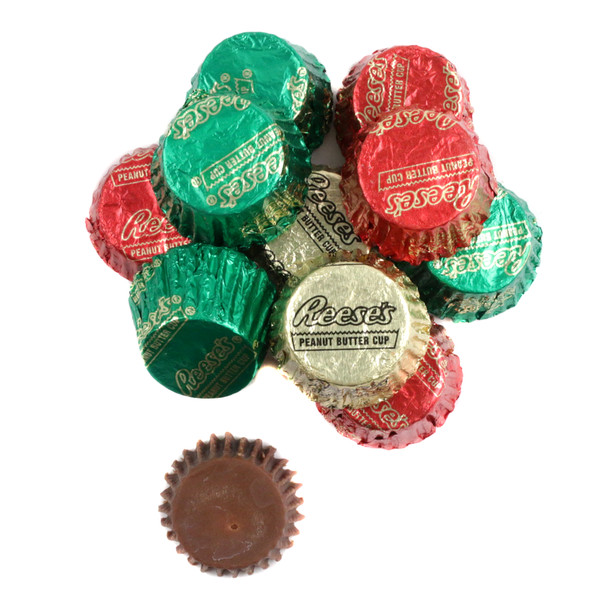 Christmas Reeses mini peanut butter cups, 48 per pound, individually wrapped in assorted red, green, gold foils.