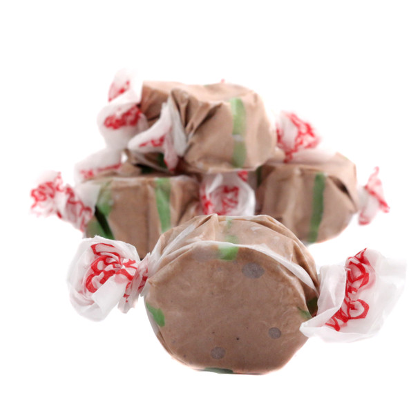 Taffy Town chocolate mint salt water taffy, approx. 65 brown and green pieces per pound, delicious USA made candy.