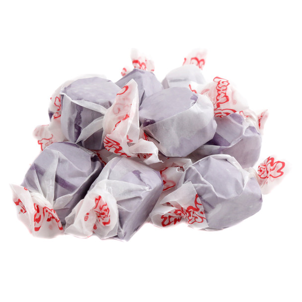 Vibrant purple grape salt water taffy, approximately 65 pieces per pound, chewy sweet gluten-free candy.