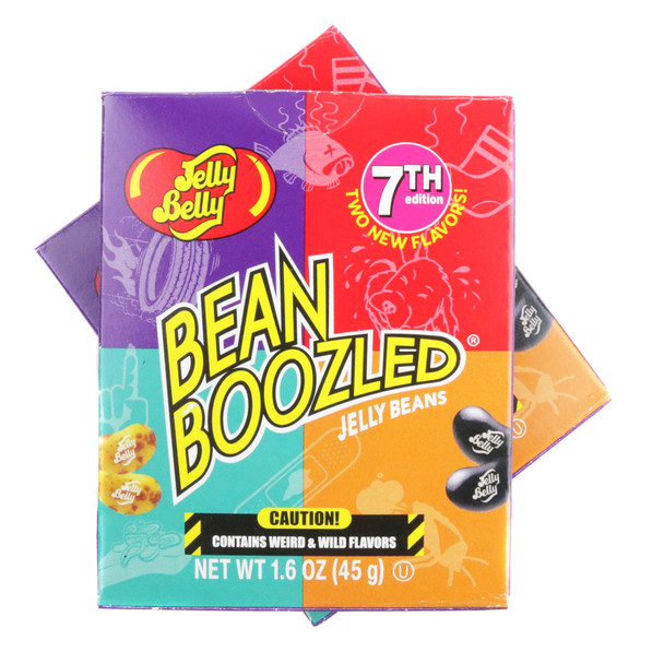 Jelly Belly Bean Boozled 6-pack jelly beans, colorful sweet & gross mystery flavors. Made in USA.