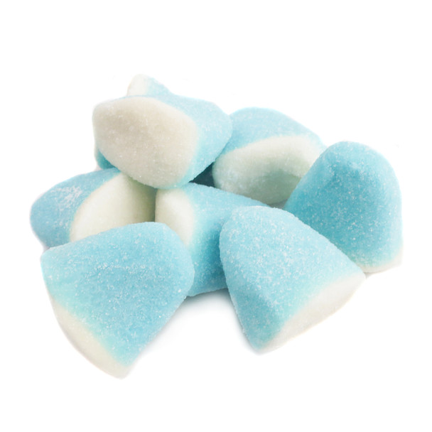 Vidal Blue Raspberry Gummy Drops, sky blue, sugar-dusted, fruity, approximately 80 pieces per pound.
