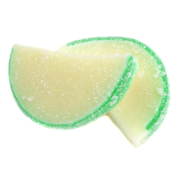5LB box of approx. 90 unwrapped, green pear jelly candy fruit slices, soft, sweet, juicy, sugar-coated.