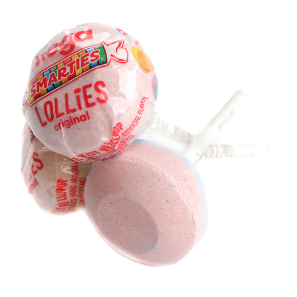 Smarties Mega Double Lollies, 30 piece bag, pastel colored, assorted fruit flavored, gluten-free, vegan lollipops.