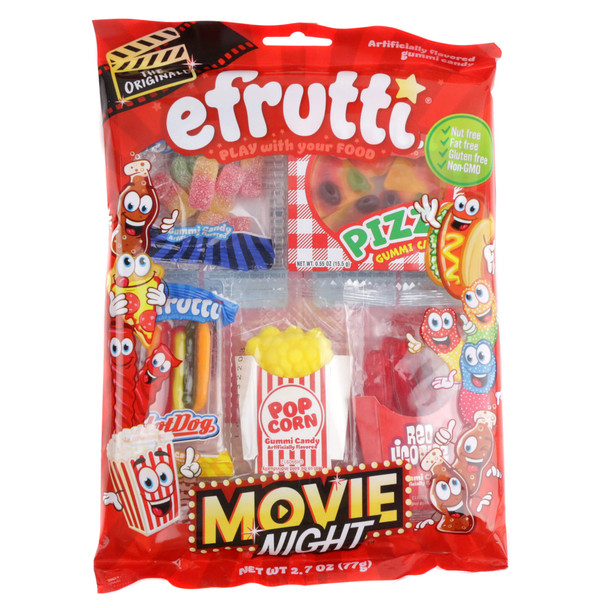 Colorful assorted gummy movie candy bag, hot dog, red fries, 2 cola bottles, popcorn, pizza, sour worms.