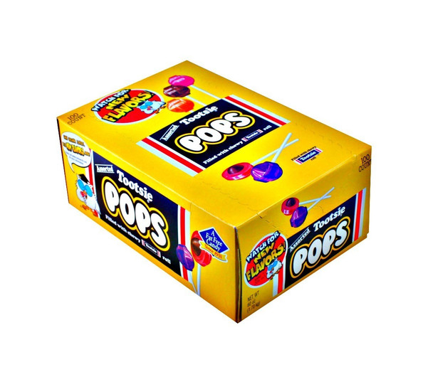 100 assorted Tootsie Pops, box with Cherry, Orange, Grape, Raspberry, Chocolate lollipops.