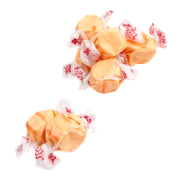 Vibrant orange Taffy Town salt water taffy, chewy, juicy, approx 65 pieces per pound. Made in USA.
