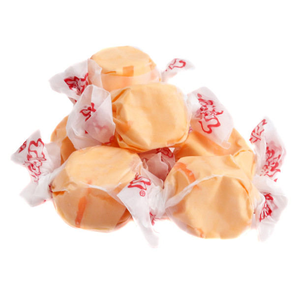 Bright orange, chewy Taffy Town Salt Water Taffy, approx 65 pieces per pound. Delicious USA made orange candy.